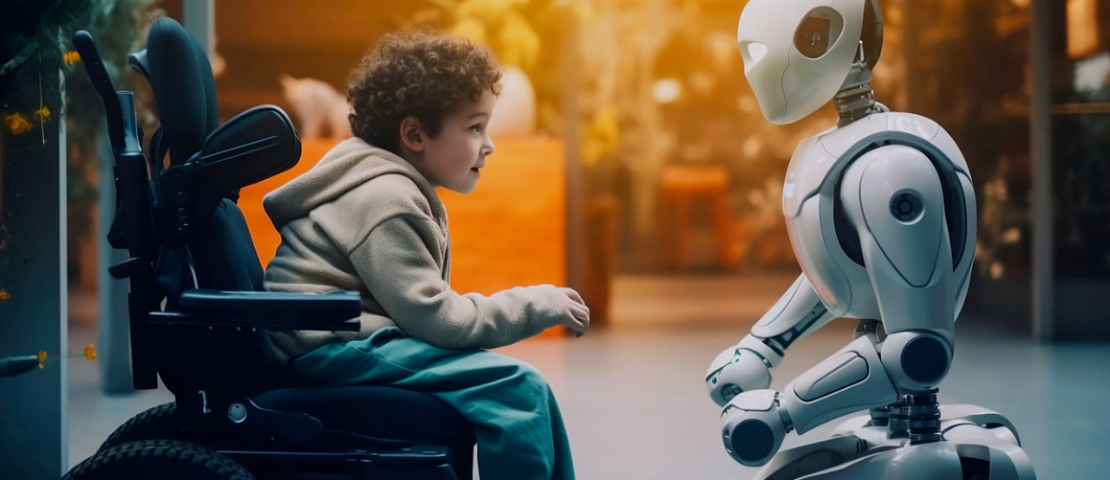 uma criança de frente para um robô de AI