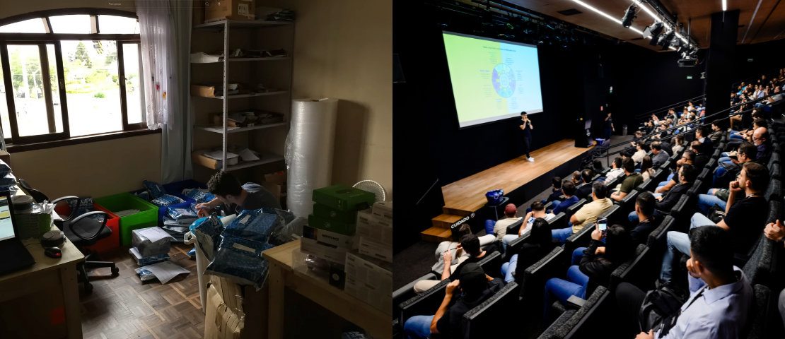 Composição com duas fotos de Gabriel Bollico: à esquerda, no quarto onde começou sua operação de e-commerce; à direita, palestrando para sellers em evento do Mercado Livre