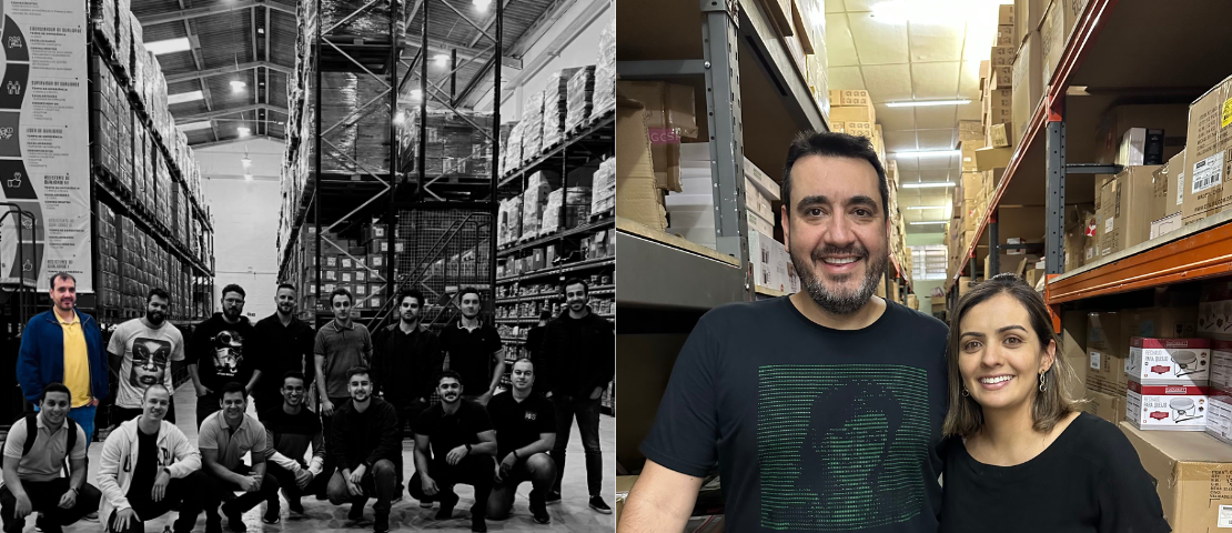 Composição com duas fotos de Igor Savoia: à esquerda, estudando em uma das primeiras turmas da imersão Ecommerce Puro; à direita, no galpão da sua operação de importação, ao lado da esposa e sócia